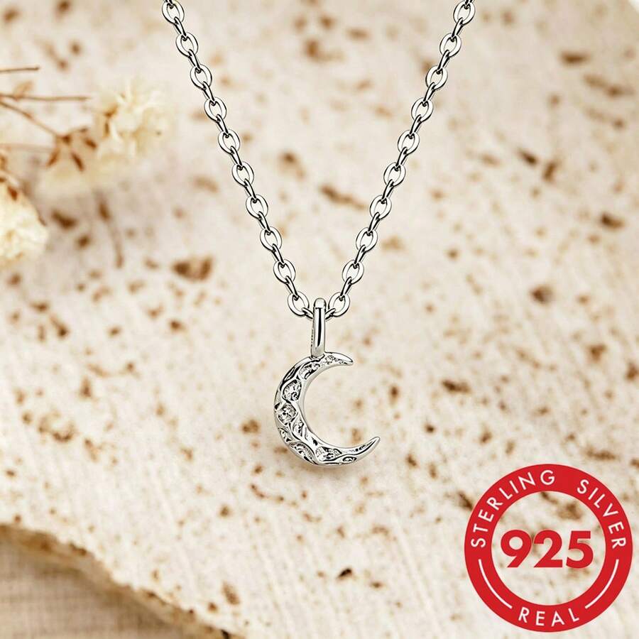 1 pieza Collar con colgante de diseño de luna de plata de ley S925, joyería de calidad elegante para uso diario de mujeres, regalo exquisito para seres queridos - Plateado - Ver 1