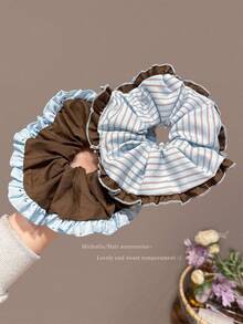 1/3 Pcs Elegant Blue Striped Scrunchie, Oversized Scrunchie, Floral Lace Low Ponytail Accessory – Versatile Hair Accessory Hair Ties Elastics Rubber Bands - Multicolor - View 2