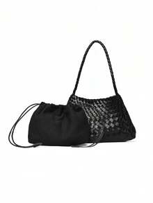 1PC New Women's Shoulder Underarm Crescent Bag, Minimalist Daily Versatile, Solid Color PU Woven Texture, Elegant High-End Quality, Rope Knot Closure Lightweight And Convenient, Suitable For Travel, Shopping, Dating, City Commute, Office And Other Occasions - Black - View 6