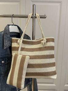 2026 Summer Lazy Letter Two Pieces Set Straw Rope Knot Design Beach Tote Handbag For Women, Versatile Large Capacity Storage Essential For Travel - Brown - View 4