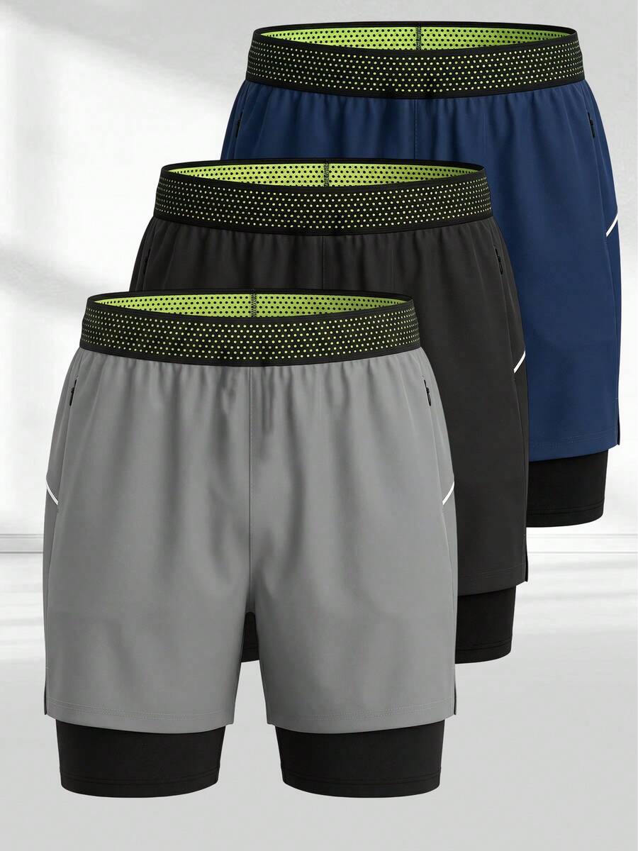 Grey & Black 2-In-1 Quick-Dry Sports Shorts, Outer Layer Ice-Cool Quick-Dry Fabric, Split Hem Enhances Freedom Of Movement. Summer - Grey - View 1