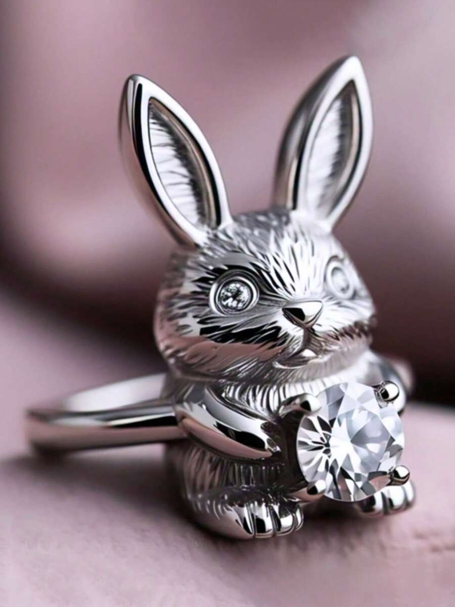 1pc Cute Cubic Zirconia Rabbit Shaped Ring, Suitable For Women To Wear, Suitable For Wedding, Engagement, Anniversary Party, Valentine's Day Gift - 1# - View 1