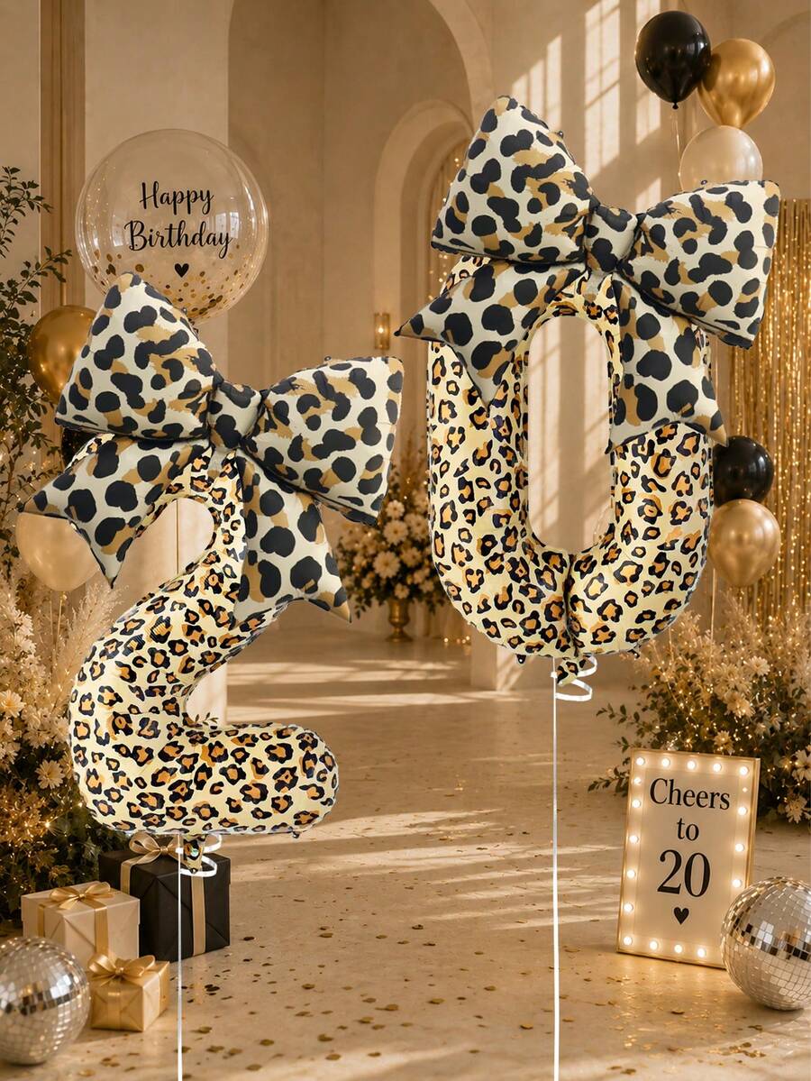 2pcs Leopard Print Bow Number Balloon Set, Includes 40 Inch 0-9 Leopard Print Number And Leopard Print Bow Foil Balloons, Suitable For Birthday Party, Wild Birthday, Retro Party, Leopard Birthday Party, Bachelorette Party, Jungle Party, Wildlife Party - Multicolor - View 1