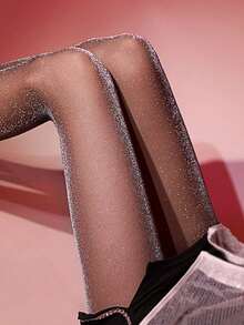 1 par de medias de brillo plateado con purpurina, medias sexys ajustadas de cintura alta, leggings brillantes de moda para fiestas para mujeres - Negro - Ver 5