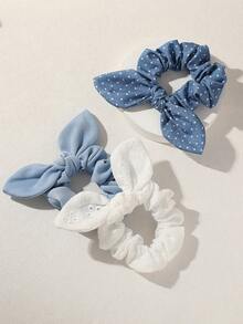 3PCS Vintage Polka Dot Hollow Embroidery Rabbit Ear Women's Scrunchies, Suitable For Daily Commute, Dating Hair Accessories - Multicolor - View 3