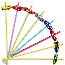 - 24 pajitas de plstico reutilizables con temtica de coche de carreras, 6 colores, 8 patrones, 2 cepillos de limpieza, perfectas para fiestas y uso diario - Carrera recta - Ver 2
