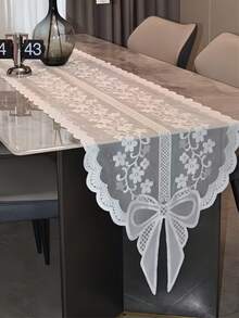 1pc White Floral Bow Lace Mesh Table Cloth, American Farmhouse Style Rectangular Table Runner, Suitable For Daily, Festivals, Parties, Weddings, Hotels, Home Dinners, Seasonal Home Decor - White - View 12