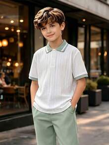 Boys' Spring/Summer Set, Knit Polo Shirt + Casual Long Pants 2 Pieces Set, Suitable For 8-12 Years Old Boys' School / Daily Wear - Multicolor - View 5