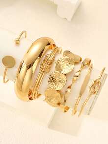 7pcs Set Vintage Exaggerated Luxury Geometric Design Wide Metal Bangle Bracelet Set, Suitable For Daily Wear And Gifts - 7pcs Round Bracelet - View 3