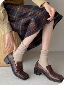 3/6 Pairs Japanese Sweet Minimalist British Academy Style Maillard Color Frill Trimmed Ruffle Lace Mid-Calf Socks - Multicolor - View 6