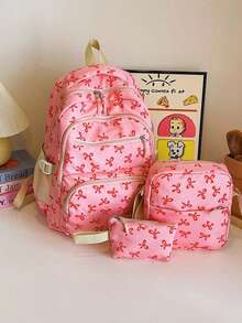 Women's 3-Piece Backpack Set, Pink Bow Print, Nylon Fabric, Multi-Pocket Design, Casual Style, Suitable For School, Travel And Daily Use - Multicolor - View 12