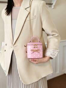 Bolso de mano mini con lunares para niñas, decoración de lazo, bolso bandolera con cadena, estilo princesa, cierre de cremallera, bolso accesorio adecuado para uso diario - A - Ver 6