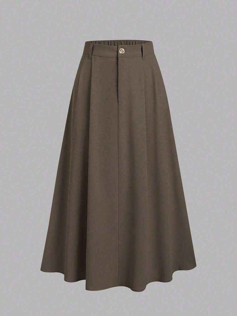 Nuevo 2026 Falda acampanada de talle alto estilizante para mujer, adecuada para ir al trabajo, primavera y verano - Café integral - Ver 1