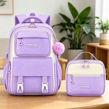 2pcs Colorblock Design Large Capacity Backpack Set With Pom Pom Pendant, Matching Handbag, Essential For Middle And High School Campus Travel - Sets - View 15