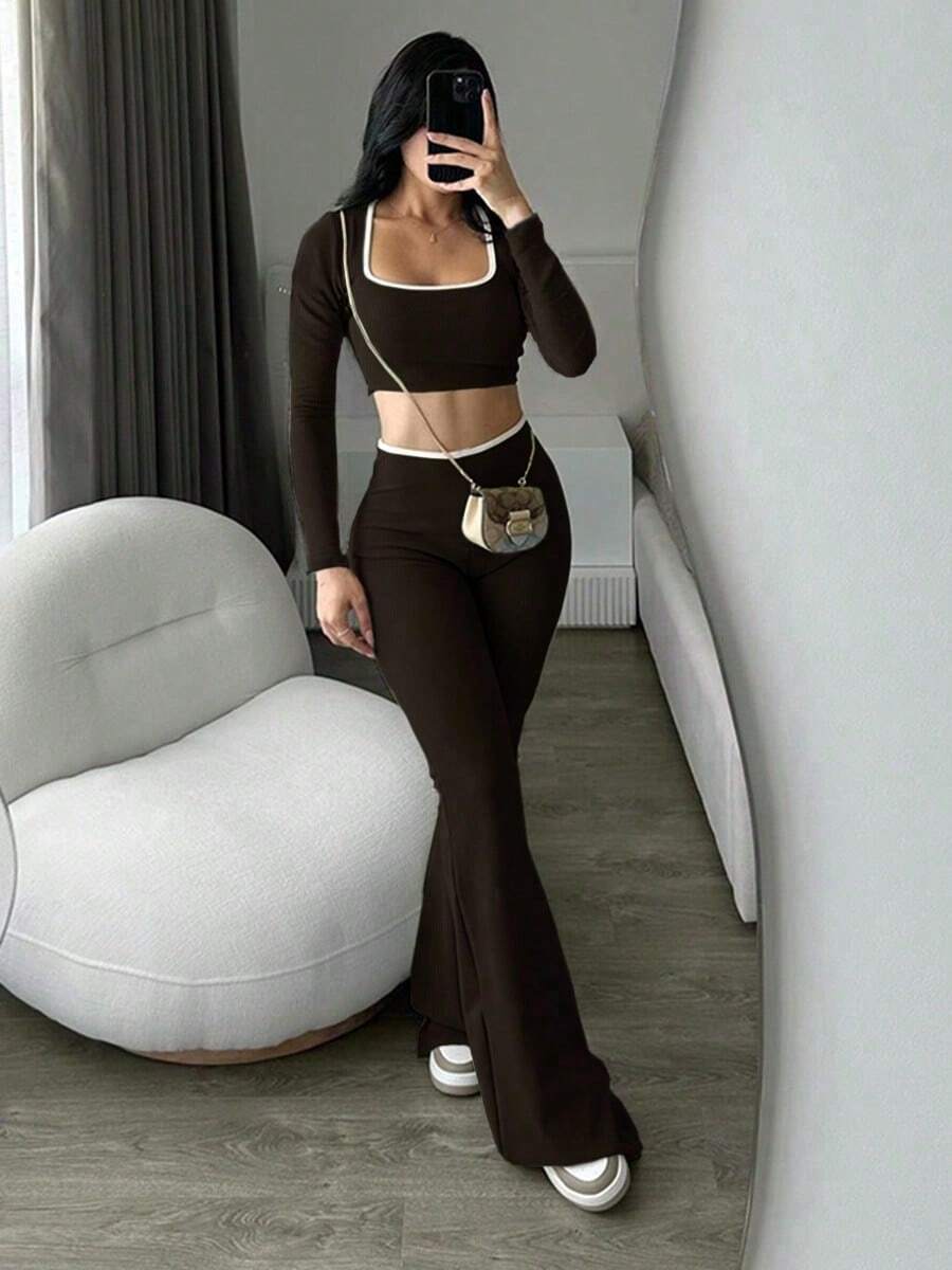 Sexy And Comfortable Elasticated Low-Waisted Flared Pants Set, Perfect For Spring - 棕色 - 查看 1