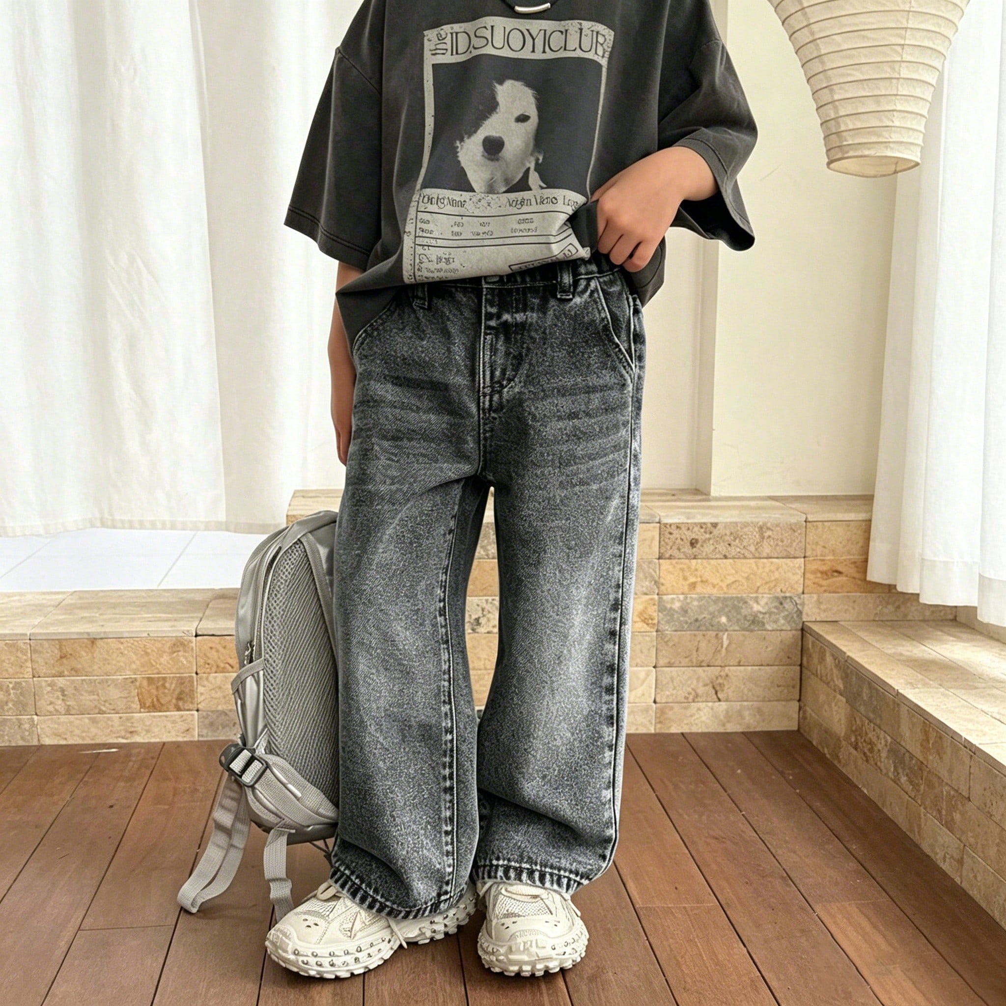 Boys' Fashion Stone Washed Casual Wide Leg Loose Black Denim Jeans