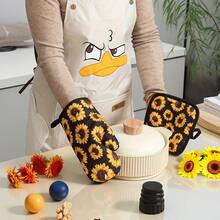 Sunflower Print Pattern, Daily Home Use Oven Mitts And Pot Holders, Kitchen Cooking And Baking, Microwave Heat-Resistant Mitts And Pads 2pcs/Set - View 4