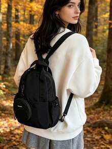 Women's Minimalist Solid Color Nylon Backpack With Strap, Lightweight Waterproof Business Commute Daily Backpack, Multi-Pocket Large Capacity Casual Backpack Suitable For Office Work Travel School - Black - View 8