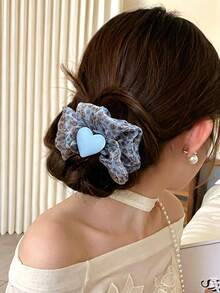 1pc/2Pcs Y2K Style Leopard Print Mesh Scrunchie With Heart Shaped Decor, Sweet Girls' Elastic Hair Tie For Daily Ponytail/Bun Hairstyle - Multicolor - View 4