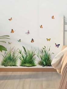 1pc Fresh Natural Grassland Butterfly Wall Sticker, Self-Adhesive Removable PVC, Baseboard Decorative Sticker, Watercolor / Illustration Dual Styles Optional, Bedroom Living Room Wall Beautification Tool, Baseboard, Wall Corner, Wall Blank Space Decoration. - Wall Stickers - View 5