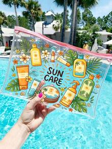 New Sun Protection Theme Printed PVC Waterproof Toiletry Bag, PVC Beach Bag, Fresh Hand-Drawn Sun And Sun Protection Design, Summer Sun Protection Care Storage Gift, PVC Travel Organizer Bag With Zipper, Lightweight Fade-Resistant Makeup Toiletry Bag Suitable For Women And Men, Easy To Wipe Design, Suitable For Mothers, Teachers, Friends, Nurses Makeup Bag, School Vacation Holiday Back To School Supplies Toiletry Bag - Multicolor - View 1