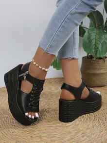Wide Fit Peep Toe Wedge Heel Women's Sandals, Open Toe High Heel Shoes, Thick Sole Side Zipper Hollow Fashion Versatile Ladies Sandals - Black - View 6