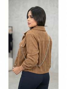 Jaqueta Cotelê Feminina Casual Estilosa Botões Frontais Bolsos fake- Moda Outono Inverno - Marrom - Visão 5