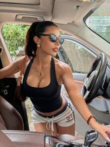Women's Summer Fashion Design Short Backless Elastic Tank Top, Solid Color Versatile Spaghetti Strap Casual Backless Minimalist Butt-Lifting Shaping Vest - Black - View 1