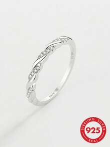1 pieza Anillo de plata de ley 925 con diamante micro-incrustado, estilo minimalista, banda delgada y versátil, adecuado para eventos de negocios/uso diario, joya de alta calidad como regalo para familiares y amigos - Blanco - Ver 1