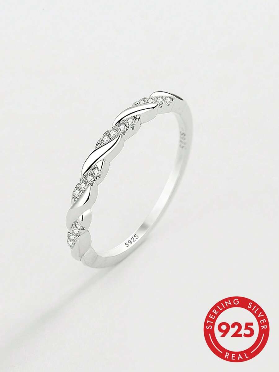 1 pieza Anillo de plata de ley 925 con diamante micro-incrustado, estilo minimalista, banda delgada y versátil, adecuado para eventos de negocios/uso diario, joya de alta calidad como regalo para familiares y amigos - Blanco - Ver 1