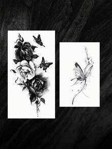 2Pcs Sketch Temporary Tattoos Decorated With Butterflies And Roses. Non-Reflective With Lifelike Visual Effect. Designed For Arms, Back And Spine. Great For Daily Use, Can Stay On For 7-15 Days. - Black - View 8
