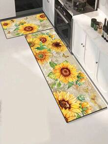 1pc Rubber Kitchen Mat, Vintage Style Modern Sunflower Theme Kitchen Rug, Suitable For Sink Area, Standing, Kitchen Decor - Multicolor - View 8