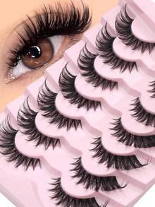NAIJEMA 7 Pairs Thick False Eyelashes, Fluffy Faux Mink False Eyelashes, Slim False Eyelashes, Curly Soft False Eyelashes, 3D Natural False Eyelashes, Suitable For Party, Daily Wear, Cat Eye False Eyelashes, Suitable For Various Occasions, Dramatic Eyelashes, Eyelashes, False Eyelashes - Black - View 1