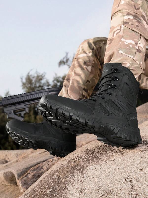 High-Top Tactical Hiking Boots, Full-Coverage Anti-Collision Toe Cap, Slip-Resistant Wear-Resistant Outdoor Work Boots, City & Outdoor Dual-Use Outdoor Shoes, Faux Leather & Oxford Cloth Breathable High-Top Tactical Boots, Anti-Kick Toe Protection Rubber Sole Outdoor Hiking Shoes
