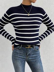 Women's Burgundy And White Striped Knit Sweater, Mid-High Neck, Elegant Office Style, Suitable For Office Occasions, Pairing With Coats, Everyday Wear, Dates - 寶藍色 - 查看 2
