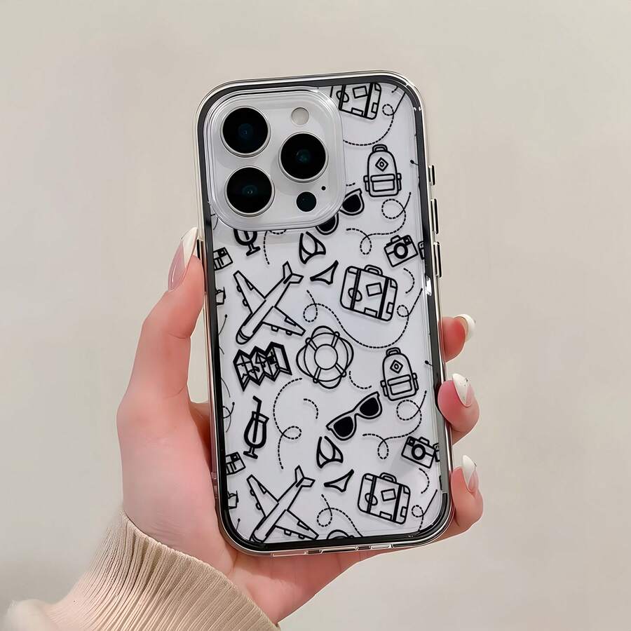1pc Black Frame Transparent Minimalist Lens Protection Anti-Drop Anti-Collision Travel Diary Graffiti Pattern Phone Case Personalized Compatible With IPhone 16 Pro Max/17/16/15/14 Plus/13/12/11 Protective Case Air - Multicolor - View 1