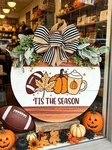 3D Rustic Wooden Autumn Football Season & Halloween Door Hanging Round Wreath Sign, Autumn Decor, Perfect For Porch Decoration, Home Indoor Seasonal Decor, Holiday Decor Wreath, Perfect Autumn Home Decor - Multicolor - View 6