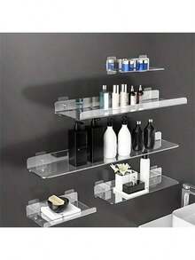 1 Set Acrylic Bathroom Wall Storage Rack With Accessories, No-Drill Transparent Wall Shelf 1pc - Clear - View 5