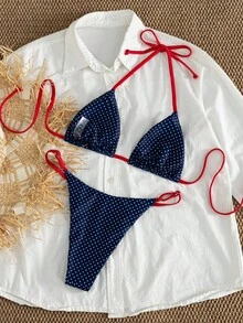 女款性感時尚極簡高級優雅純欲青春感兩件式套裝休閒浪漫度假海灘旅行派對全身雙面條紋印花掛脖綁帶泳衣套裝 春/夏新款 - 藏藍白星紅繩 - 查看 3