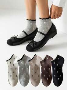 5 pares de calcetines lindos. Calcetines cortos con borde de volantes y estampado floral para la temporada de regreso a la escuela. - Multicolor - Ver 5