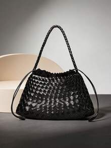 1PC New Women's Shoulder Underarm Crescent Bag, Minimalist Daily Versatile, Solid Color PU Woven Texture, Elegant High-End Quality, Rope Knot Closure Lightweight And Convenient, Suitable For Travel, Shopping, Dating, City Commute, Office And Other Occasions - Black - View 9