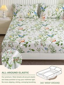 1 pièce Drap-housse à motif floral d'oiseau botanique, literie douce et respirante pour toutes les saisons, couvre-lit confortable inspiré de la nature, ensemble de literie facile d'entretien convenant aux tailles King/Queen/Full/Twin. Convient pour la maison, le dortoir, l'appartement & en cadeau - Multicolore - Voir 4