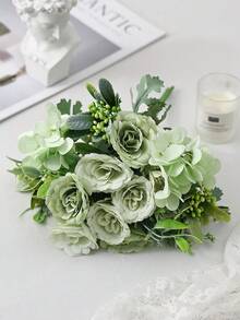 1/3/100件人造玫瑰花，仿真絲綢繡球花束裝飾塑料逼真花卉飾品，婚禮桌面中心裝飾，適用於秋季、辦公桌、花園、房間裝飾、情人節禮物 - 綠色 - 查看 5