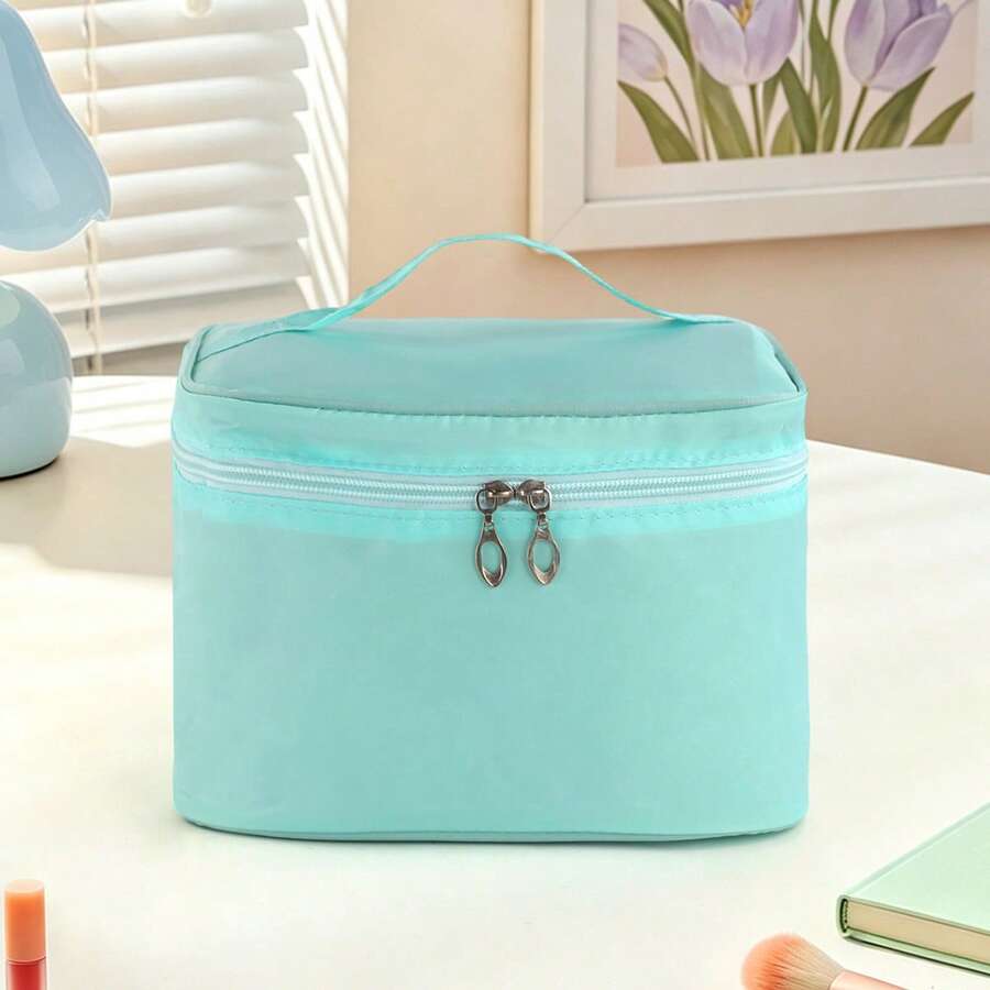 1pc Plain Solid Color Nylon Square Makeup Bag, Fresh Mint Green Large Capacity, Women's Portable Cosmetic Bag Essential For Daily Outings