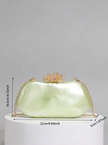 Metallic Hard Shell Evening Clutch Bag With Coral Style Clasp, Detachable Chain Crossbody Purse For Women, Glamorous Handbag For Wedding Prom & Party - Green - View 6