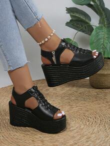 Wide Fit Peep Toe Wedge Heel Women's Sandals, Open Toe High Heel Shoes, Thick Sole Side Zipper Hollow Fashion Versatile Ladies Sandals - Black - View 3