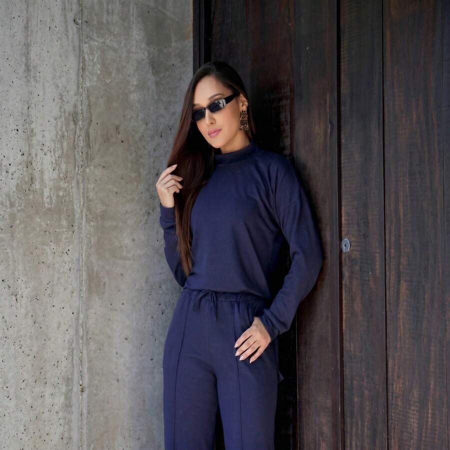 Women's Woolen Set - Pants And Turtleneck Top - Winter - 藏蓝色 - 查看 1