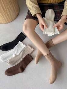 3/6 Pairs Japanese Sweet Minimalist British Academy Style Maillard Color Frill Trimmed Ruffle Lace Mid-Calf Socks - Multicolor - View 9