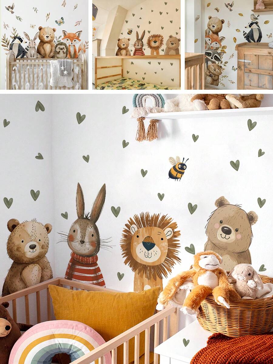 2pcs/1set Whimsical Forest Animal Wall Decals, Bear Fox Raccoon & Leaves Pattern, Removable Stickers, Cute Forest Art Decor For Home Interior And Living Space - Cartoon Animals - View 1