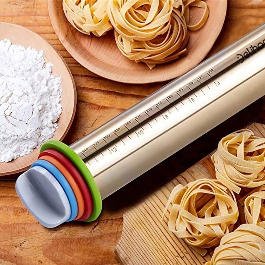 17-Inch Stainless Steel Adjustable Thickness Rolling Pin With Colored Handle - Premium Non-Stick Dough Roller, Suitable For Home And Professional Bakers, Pizza Dough, Pastry Essential, Stylish Roller, Home Baker